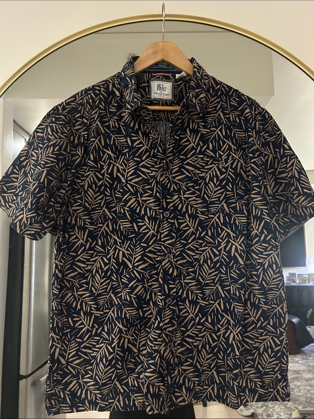 Ralph Lauren Navy Short-Sleeve Button-Down with Tan Leaf Print